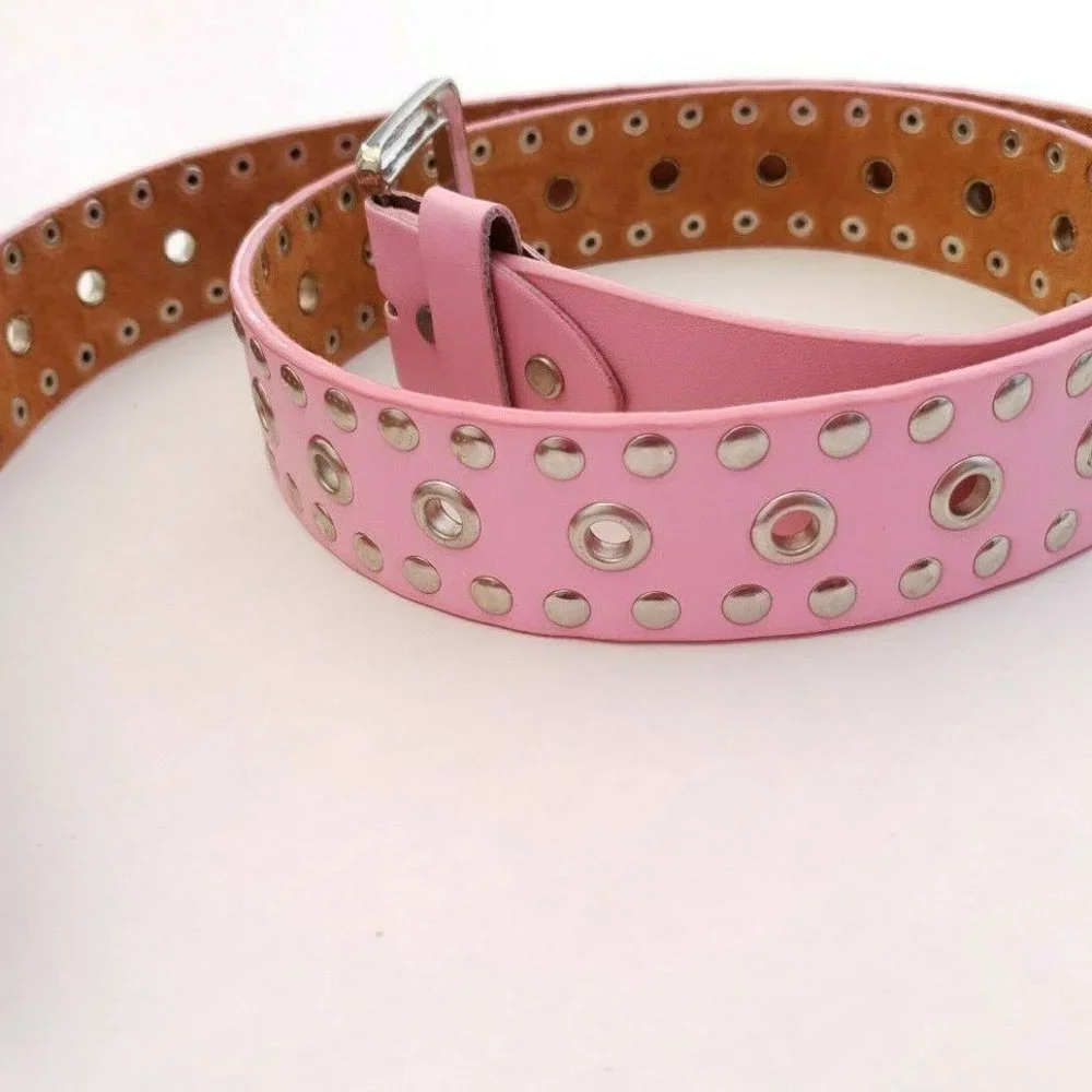Genuine Bonded Leather Studded Belt Mall Goth Y2k Pink Metal Stud Punk Glam Rock - Picture 2 of 10
